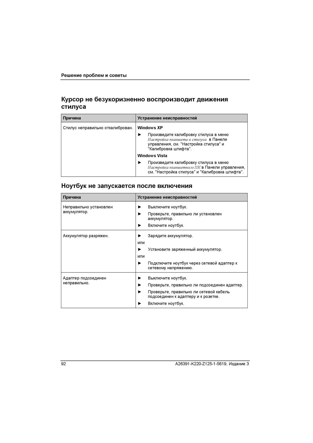 Fujitsu A26391-K220-Z125-1-5619 manual Курсор не безукоризненно воспроизводит движения стилуса 