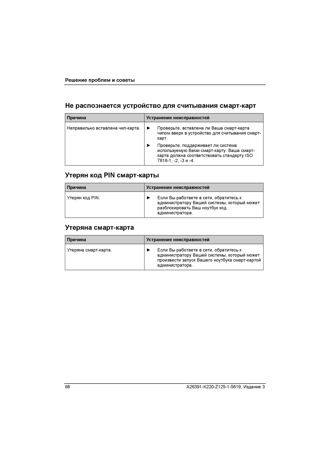 Fujitsu A26391-K220-Z125-1-5619 manual Не распознается устройство для считывания смарт-карт, Утерян код PIN смарт-карты 