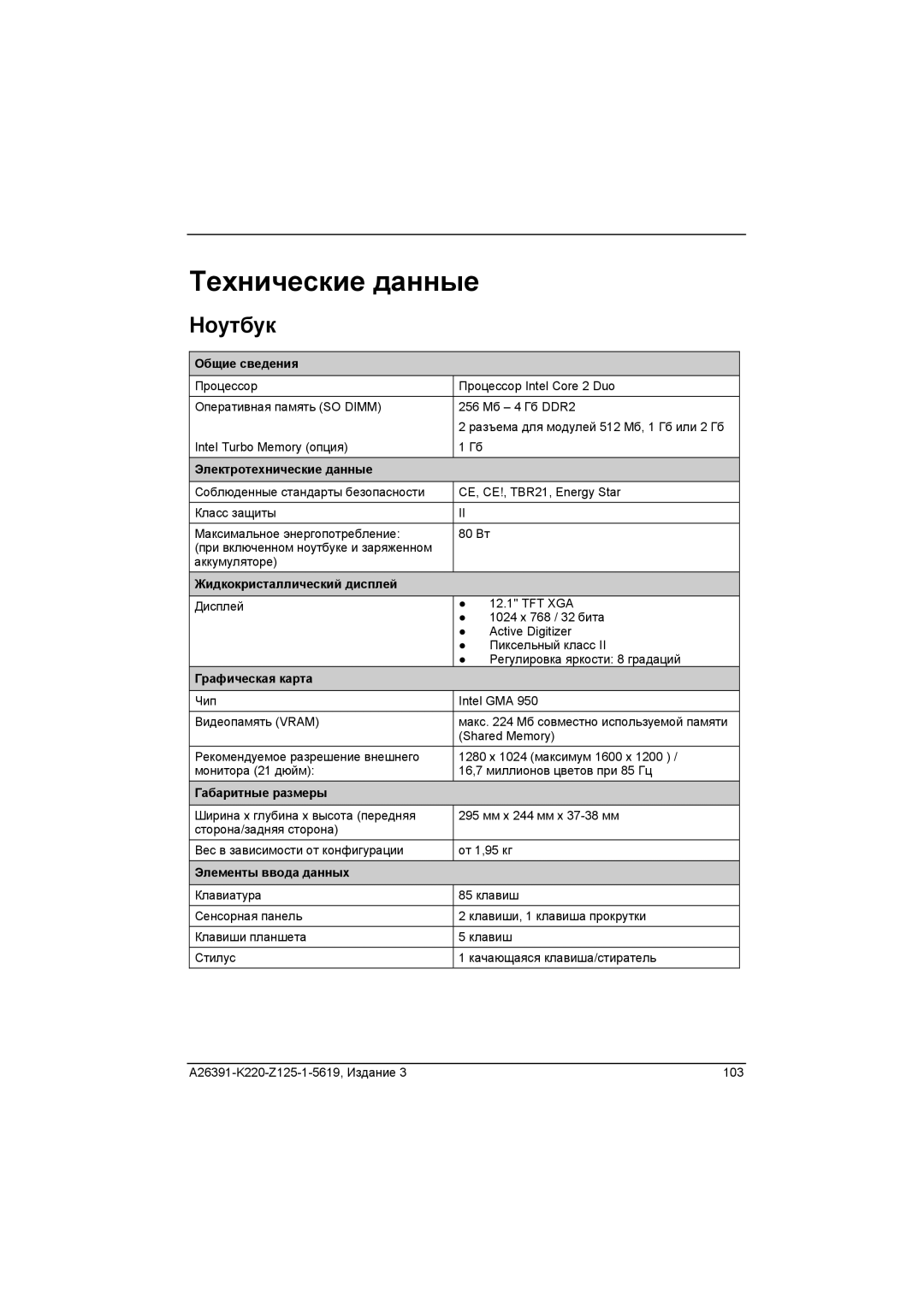 Fujitsu A26391-K220-Z125-1-5619 manual Teхнические данные, Ноутбук 