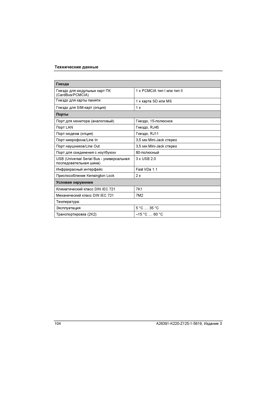 Fujitsu A26391-K220-Z125-1-5619 manual Гнезда, Порты, Условия окружения 