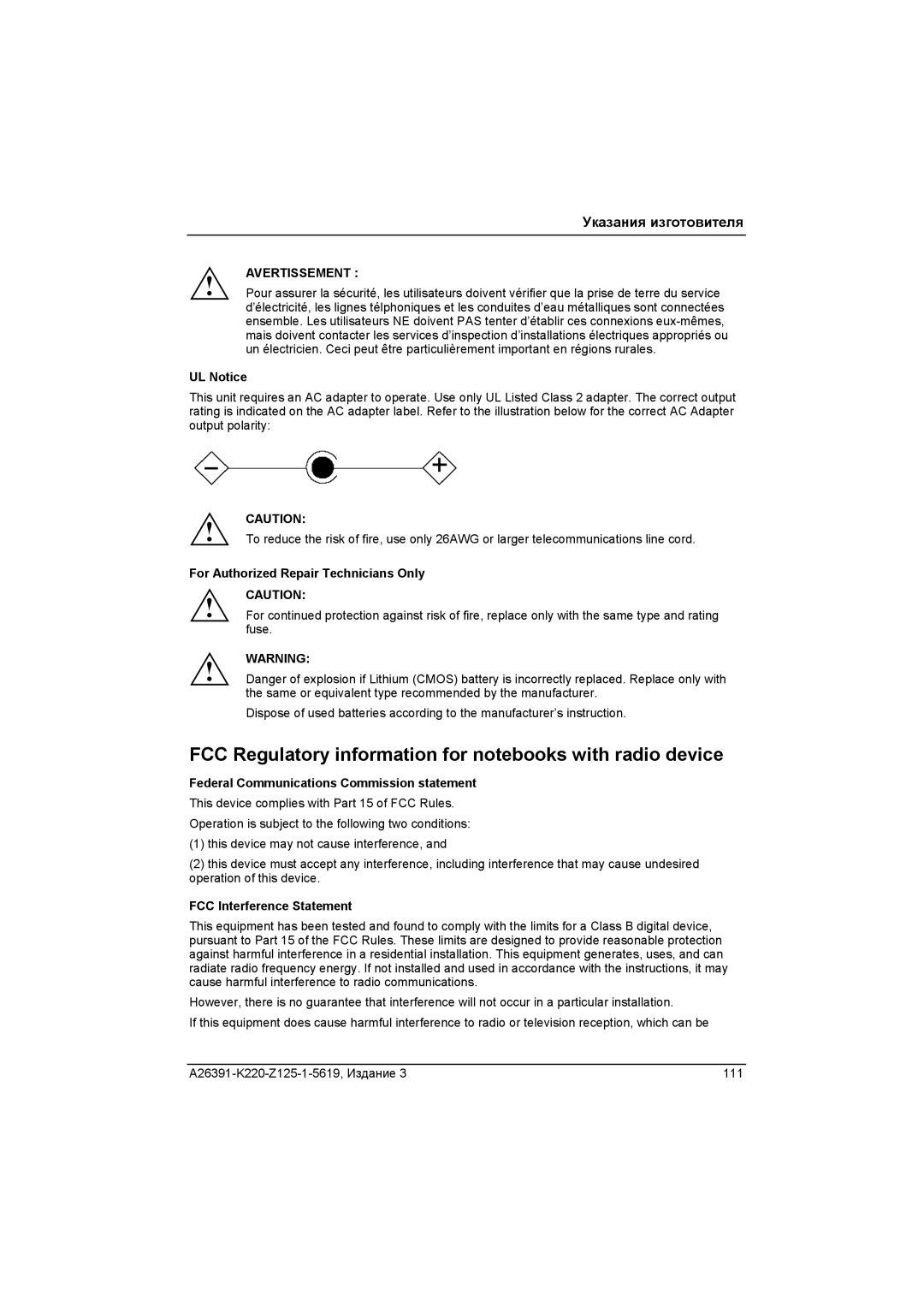 Fujitsu A26391-K220-Z125-1-5619 manual FCC Regulatory information for notebooks with radio device, UL Notice 