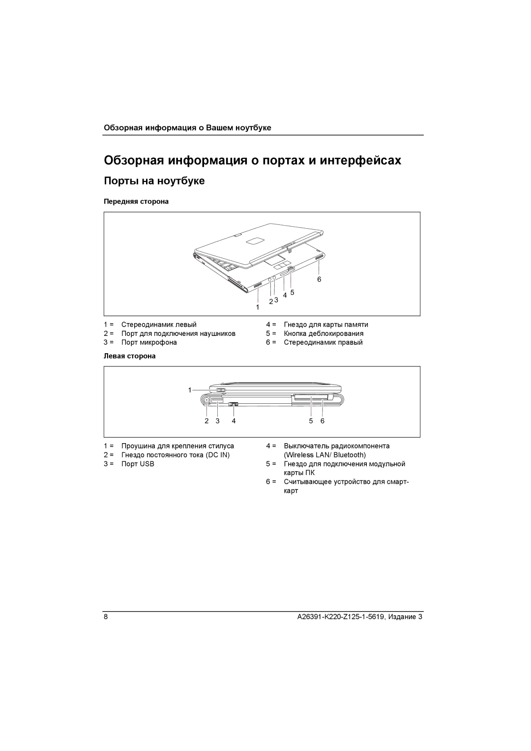 Fujitsu A26391-K220-Z125-1-5619 manual Обзорная информация о портах и интерфейсах, Порты на ноутбуке, Передняя сторона 