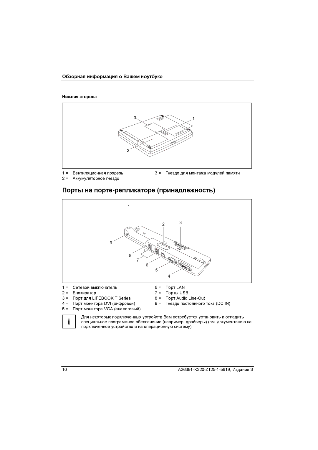 Fujitsu A26391-K220-Z125-1-5619 manual Порты на порте-репликаторе принадлежность, Нижняя сторона 