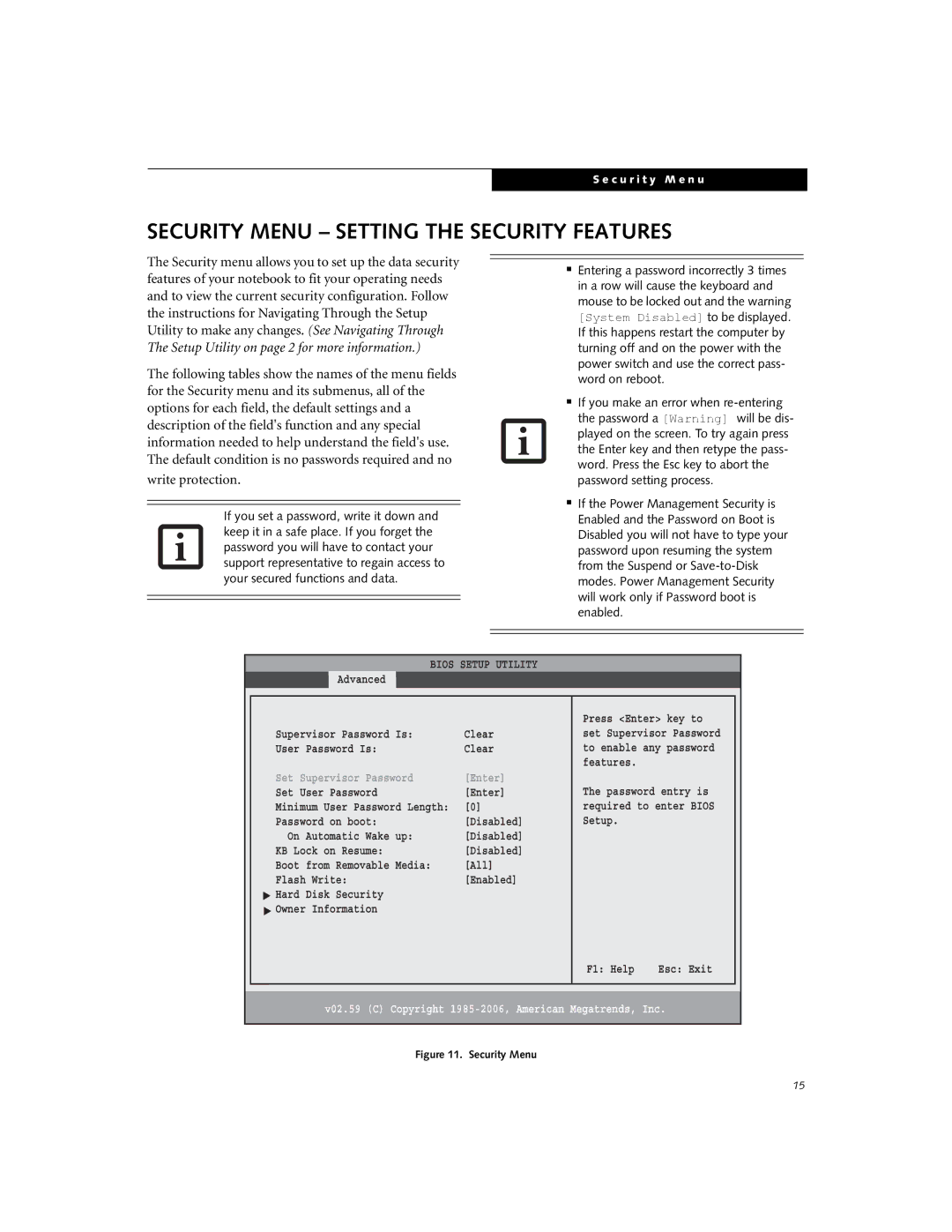 Fujitsu A3040 manual Security Menu Setting the Security Features, Set Supervisor Password Enter 