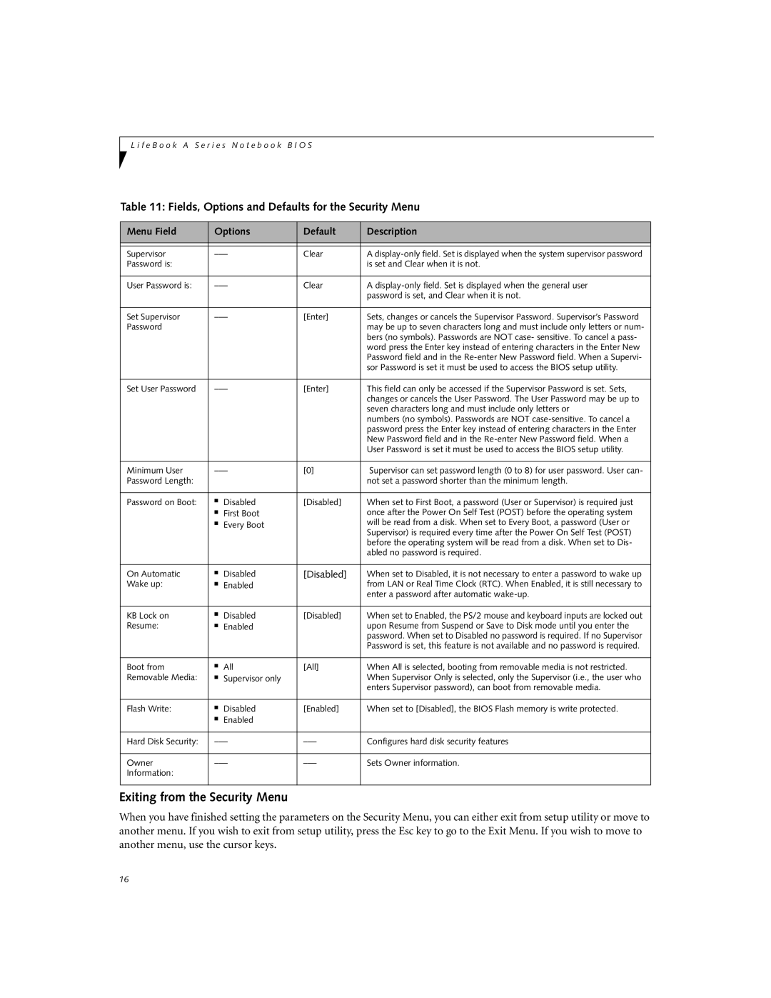 Fujitsu A3040 manual Exiting from the Security Menu, Fields, Options and Defaults for the Security Menu 