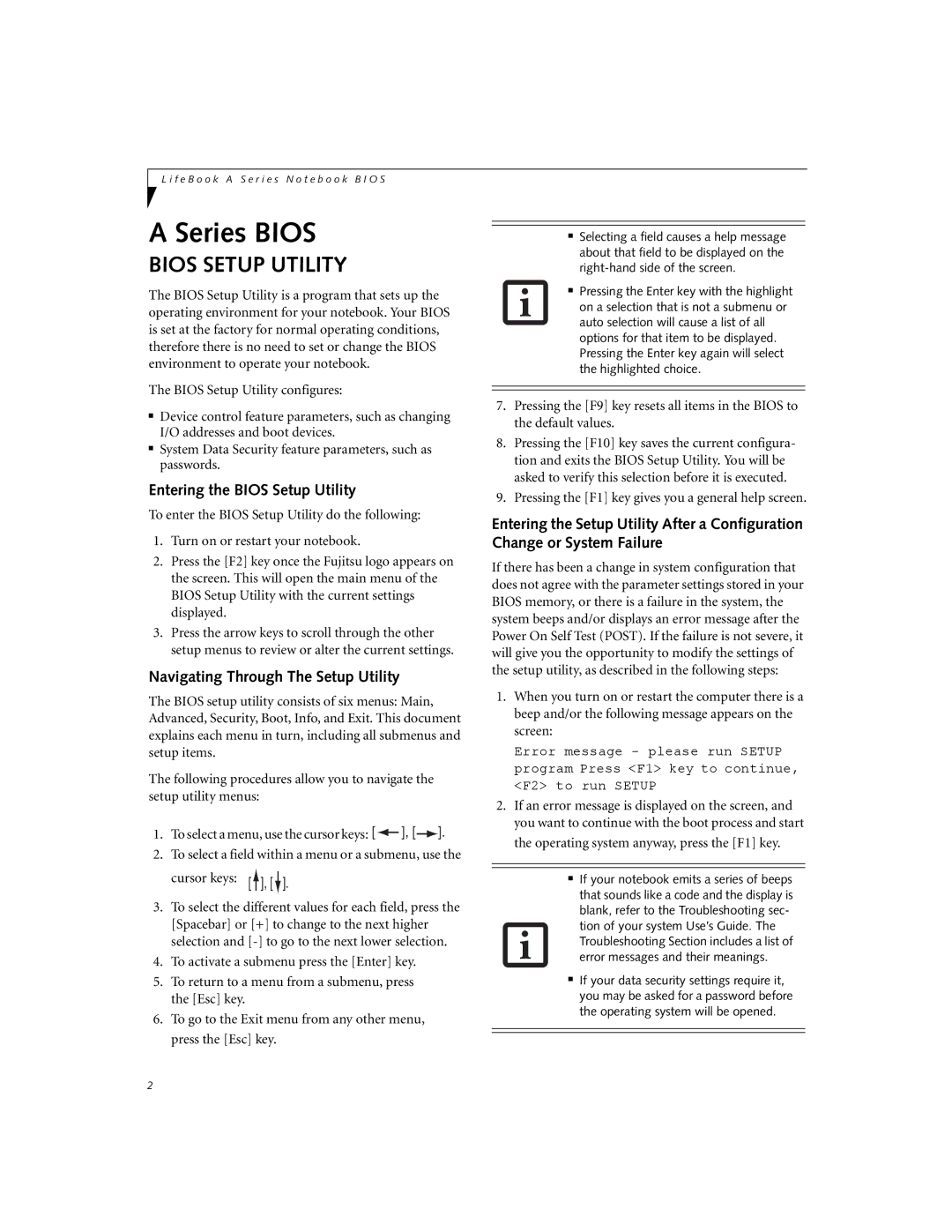 Fujitsu A3040 manual Entering the Bios Setup Utility, Navigating Through The Setup Utility 