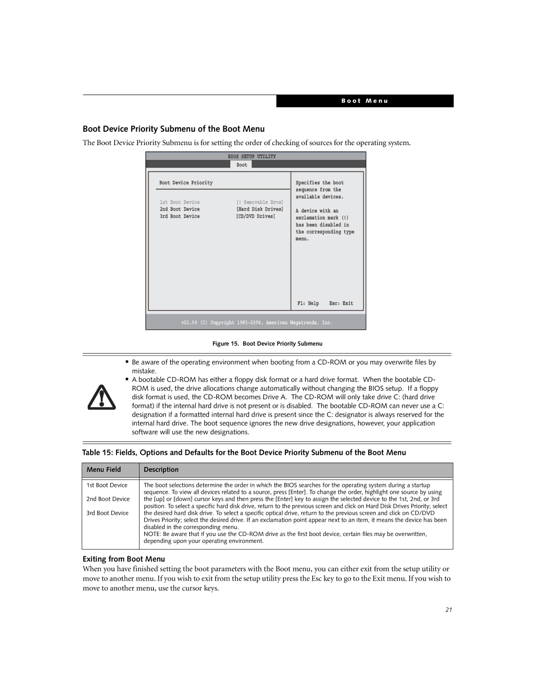 Fujitsu A3040 manual Boot Device Priority Submenu of the Boot Menu, Exiting from Boot Menu 