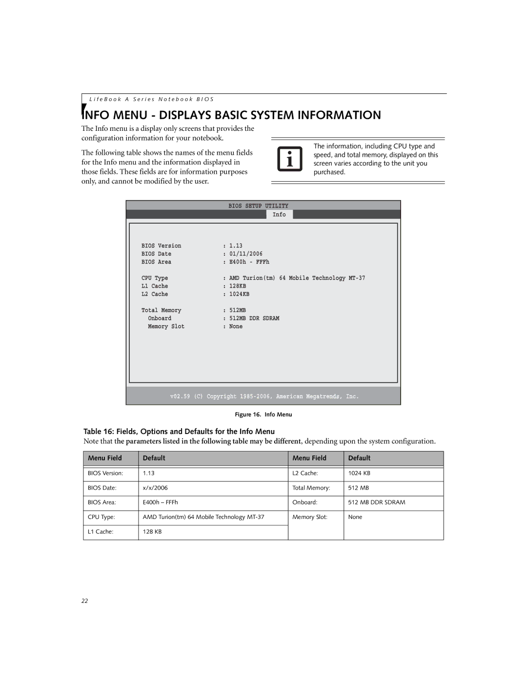 Fujitsu A3040 manual Info Menu Displays Basic System Information, Fields, Options and Defaults for the Info Menu 