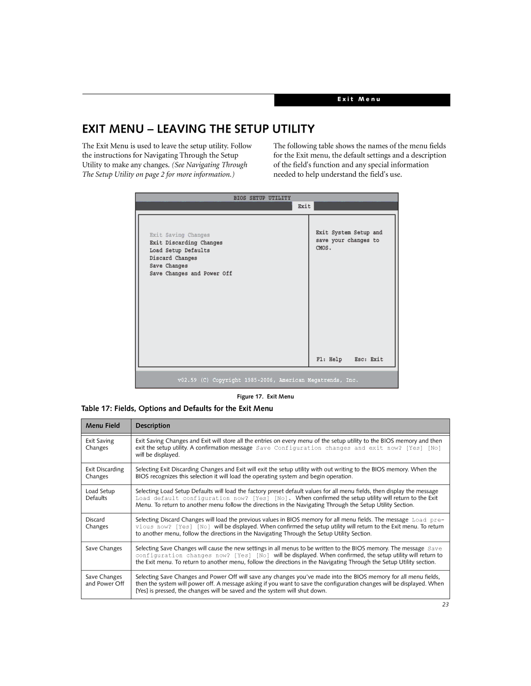 Fujitsu A3040 manual Exit Menu Leaving the Setup Utility, Fields, Options and Defaults for the Exit Menu 