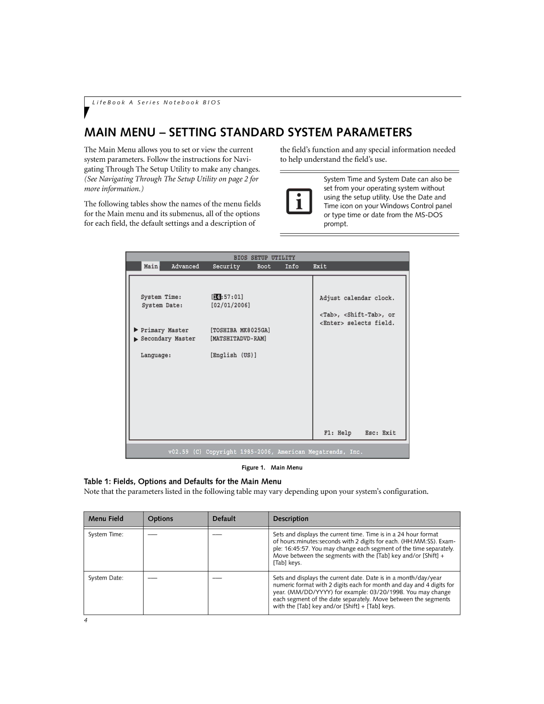 Fujitsu A3040 manual Main Menu Setting Standard System Parameters, Fields, Options and Defaults for the Main Menu 