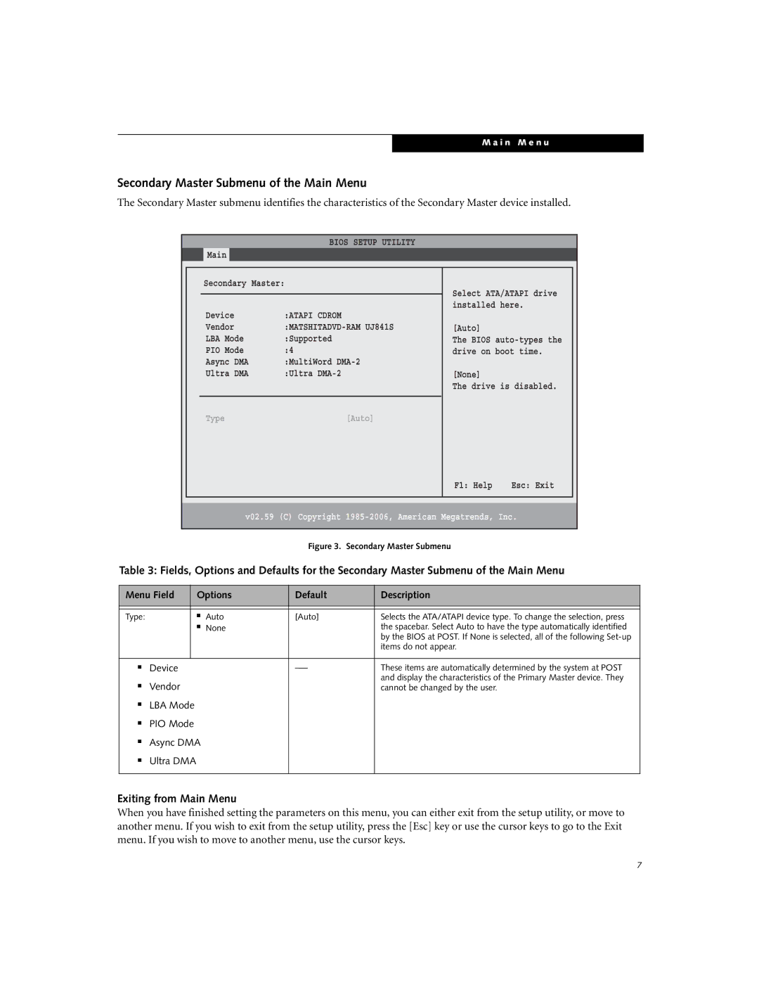 Fujitsu A3040 manual Secondary Master Submenu of the Main Menu, Exiting from Main Menu, LBA Mode PIO Mode 