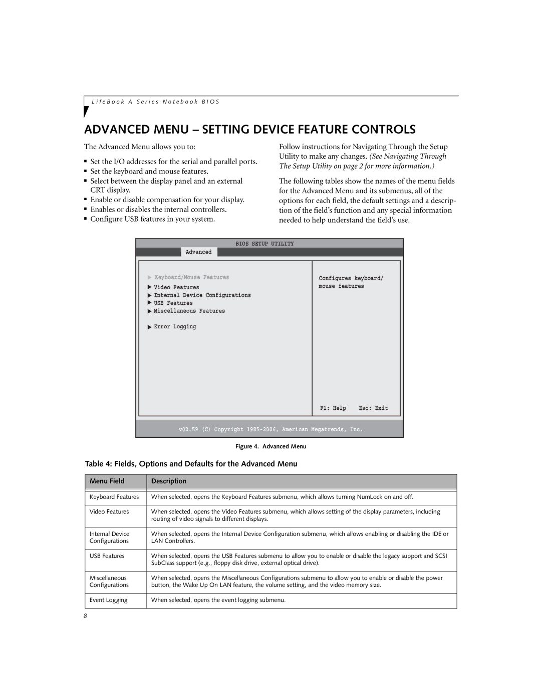 Fujitsu A3040 manual Advanced Menu Setting Device Feature Controls, Fields, Options and Defaults for the Advanced Menu 