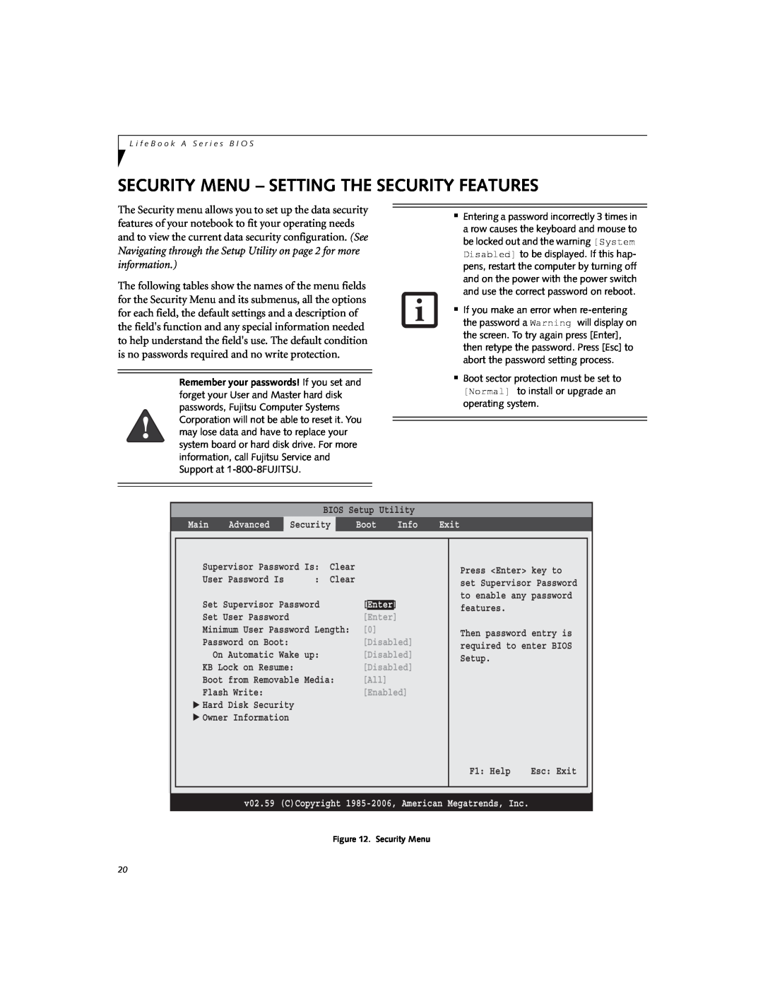 Fujitsu A3110 manual Security Menu - Setting The Security Features, Advanced, Boot, Exit, Enter, Disabled, Enabled 