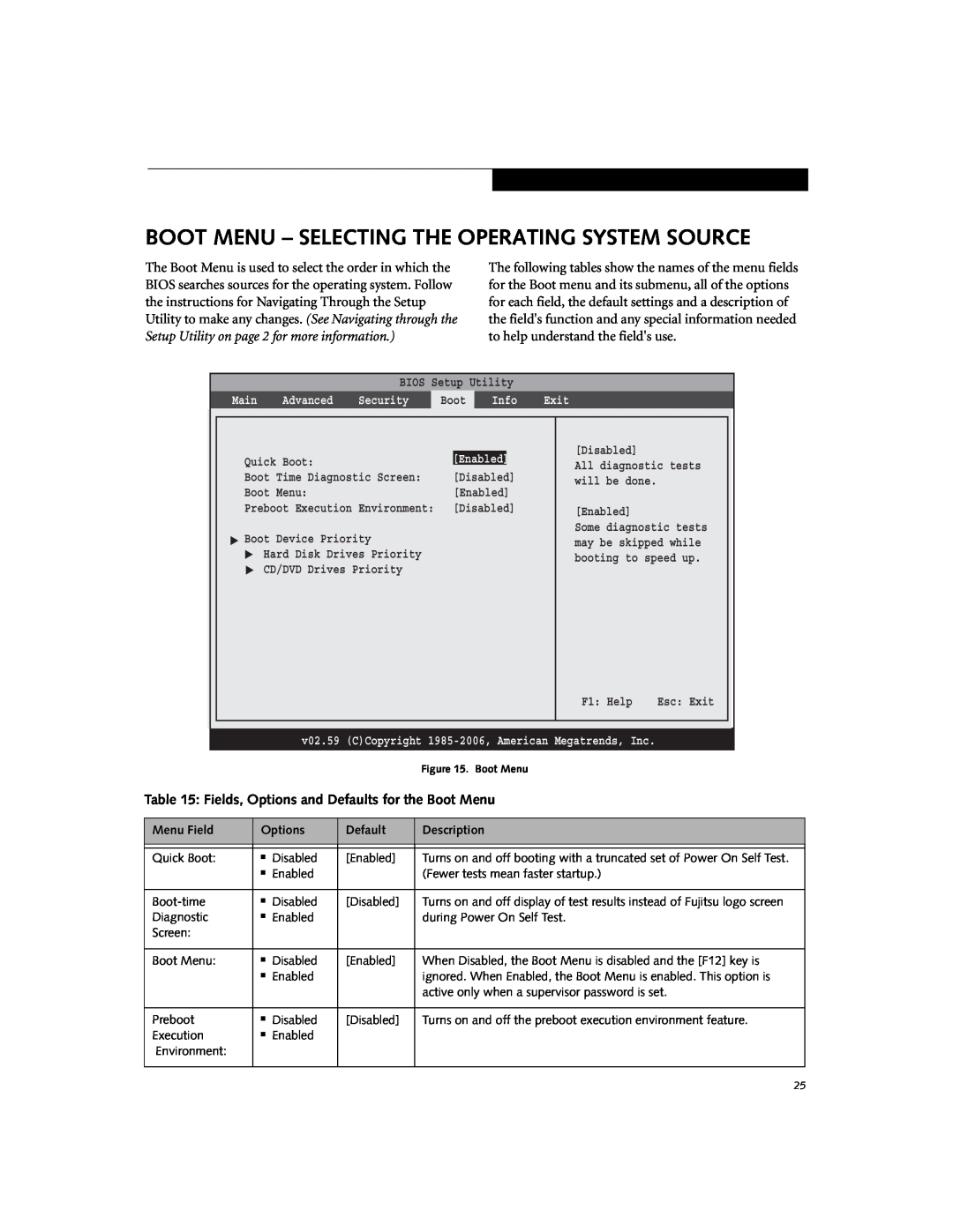 Fujitsu A3110 Boot Menu - Selecting The Operating System Source, Fields, Options and Defaults for the Boot Menu, Info 