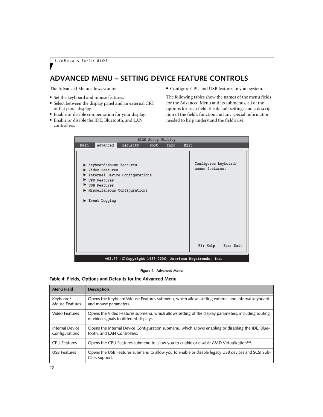 Fujitsu A3110 manual Advanced Menu Setting Device Feature Controls, Fields, Options and Defaults for the Advanced Menu 