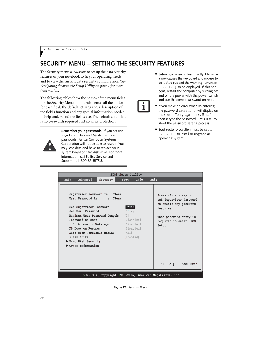 Fujitsu A3110 manual Security Menu Setting the Security Features, Exit 