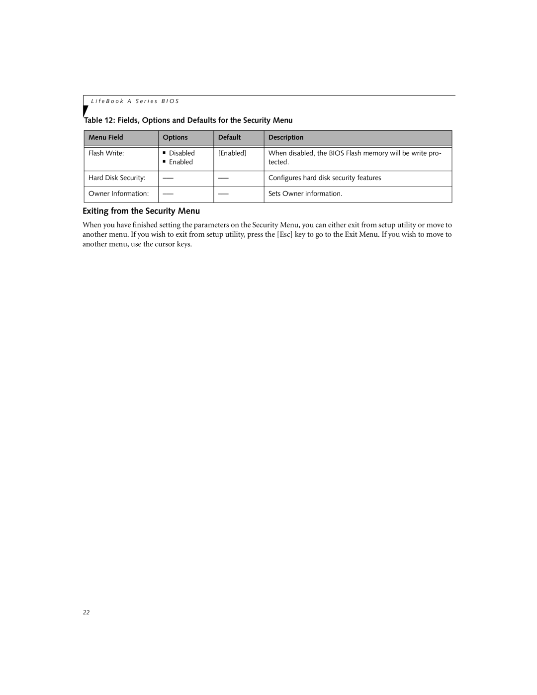 Fujitsu A3110 manual Exiting from the Security Menu 