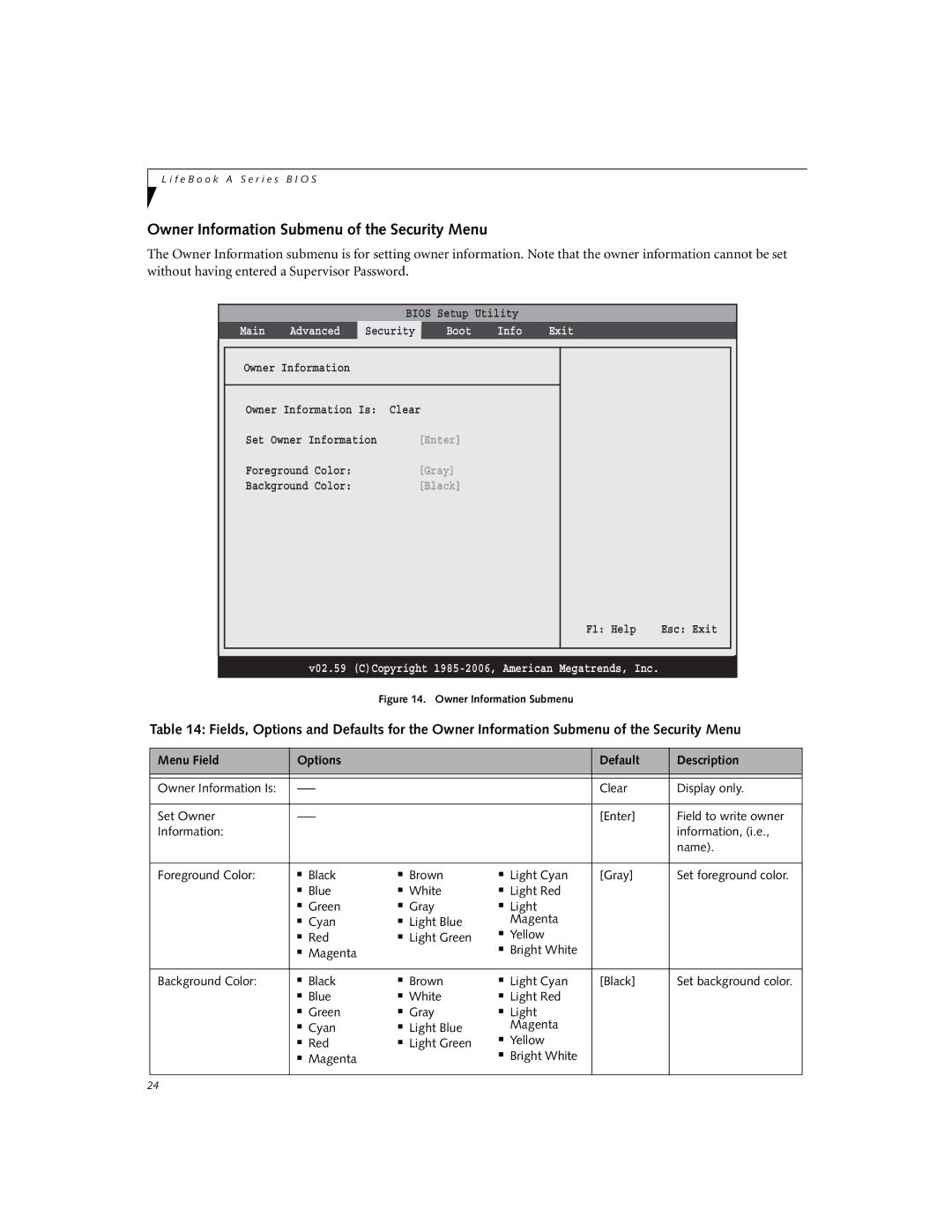 Fujitsu A3110 manual Owner Information Submenu of the Security Menu, Magenta Bright White Background Color Black 