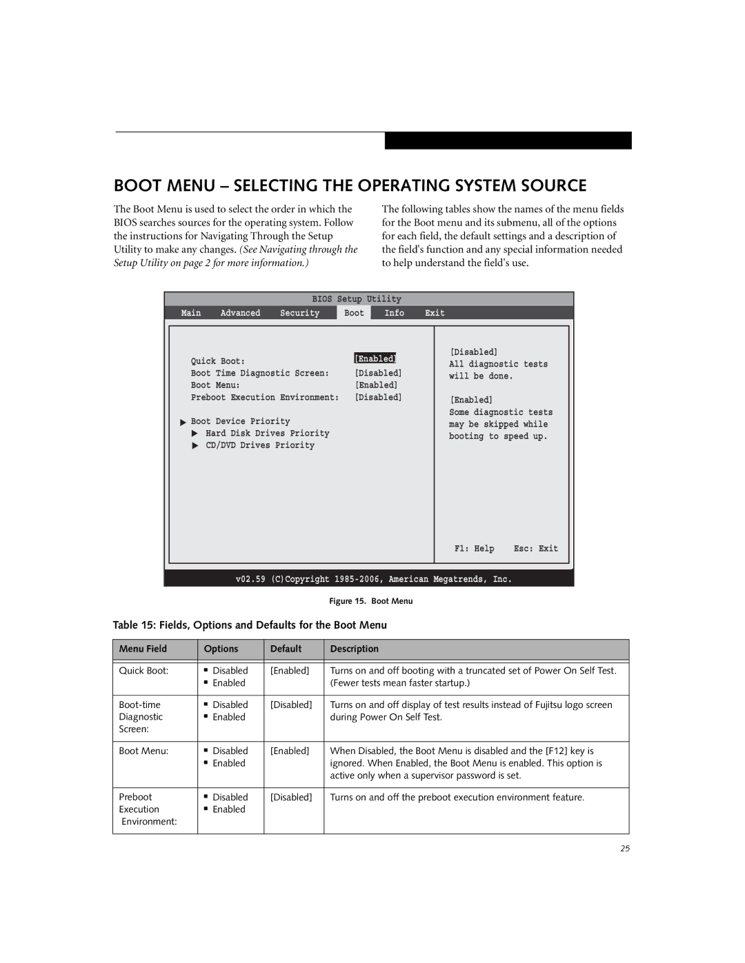 Fujitsu A3110 manual Boot Menu Selecting the Operating System Source, Fields, Options and Defaults for the Boot Menu 