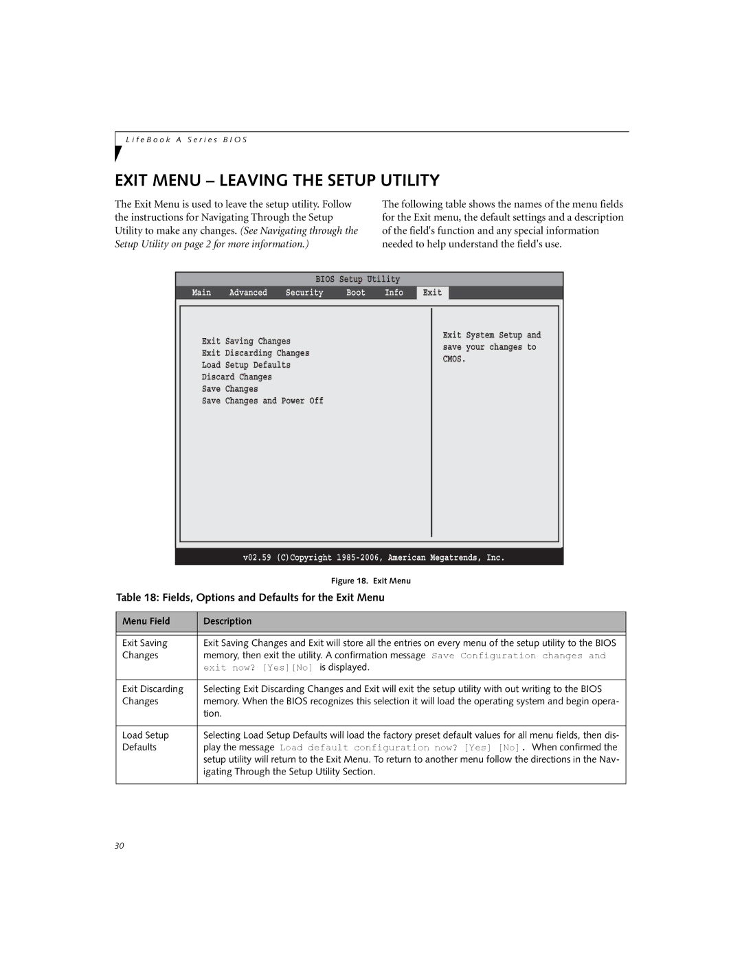 Fujitsu A3110 manual Exit Menu Leaving the Setup Utility, Fields, Options and Defaults for the Exit Menu 