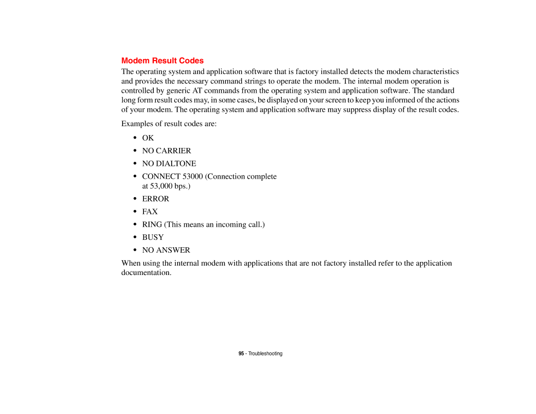 Fujitsu A3210 manual Modem Result Codes, Busy No Answer 