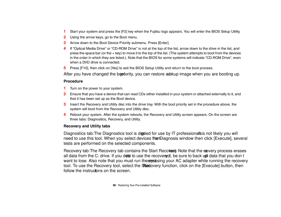 Fujitsu A3210 manual Procedure, Recovery and Utility tabs 