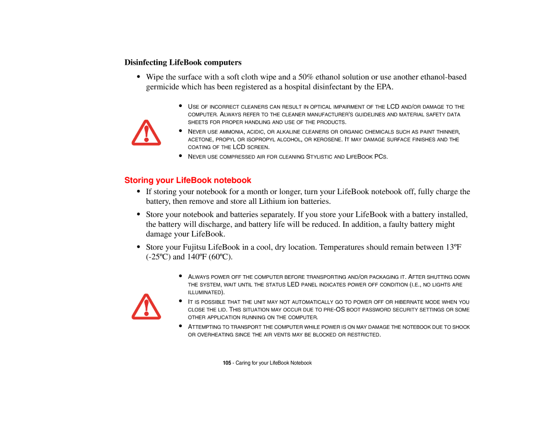 Fujitsu A3210 manual Disinfecting LifeBook computers, Storing your LifeBook notebook 