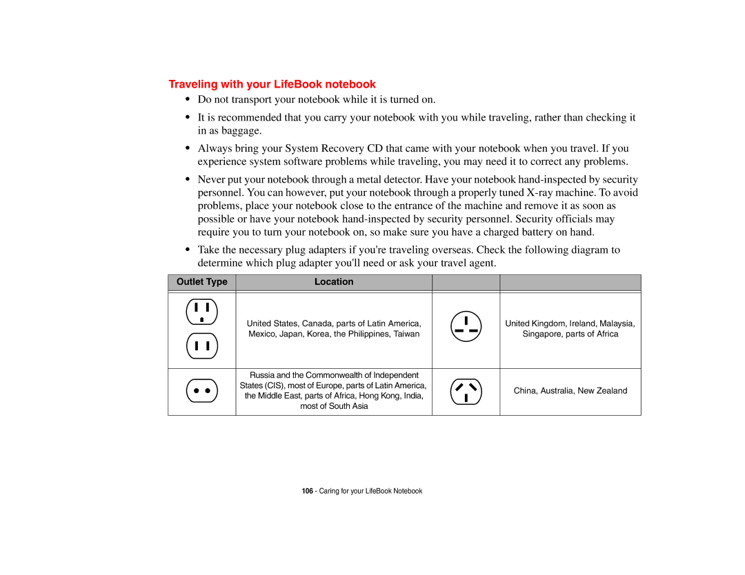 Fujitsu A3210 manual Traveling with your LifeBook notebook, Outlet Type Location 