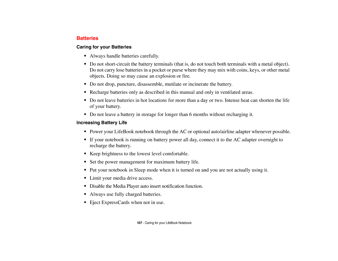 Fujitsu A3210 manual Caring for your Batteries, Increasing Battery Life 