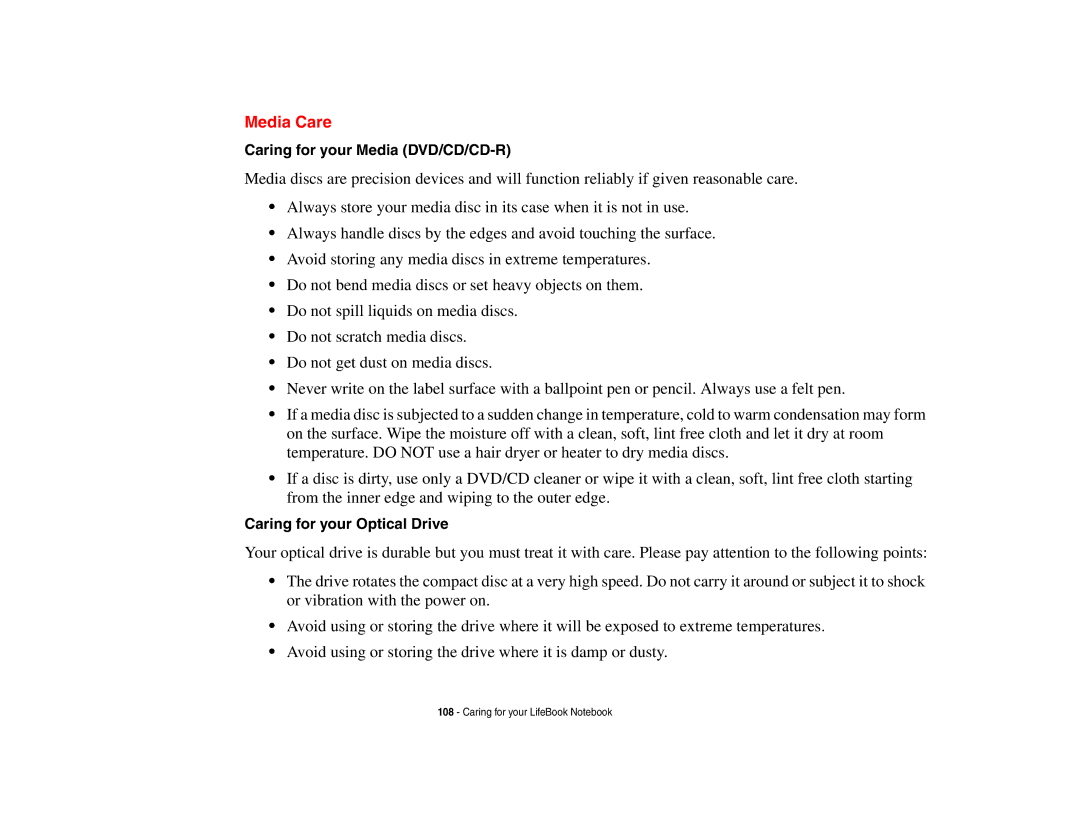 Fujitsu A3210 manual Media Care, Caring for your Media DVD/CD/CD-R, Caring for your Optical Drive 