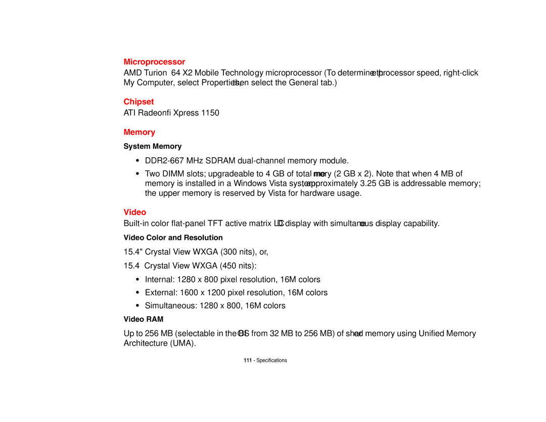 Fujitsu A3210 manual Microprocessor, Chipset, Memory, Video 