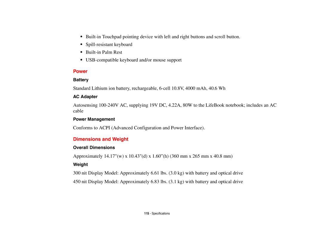 Fujitsu A3210 manual Power, Dimensions and Weight 