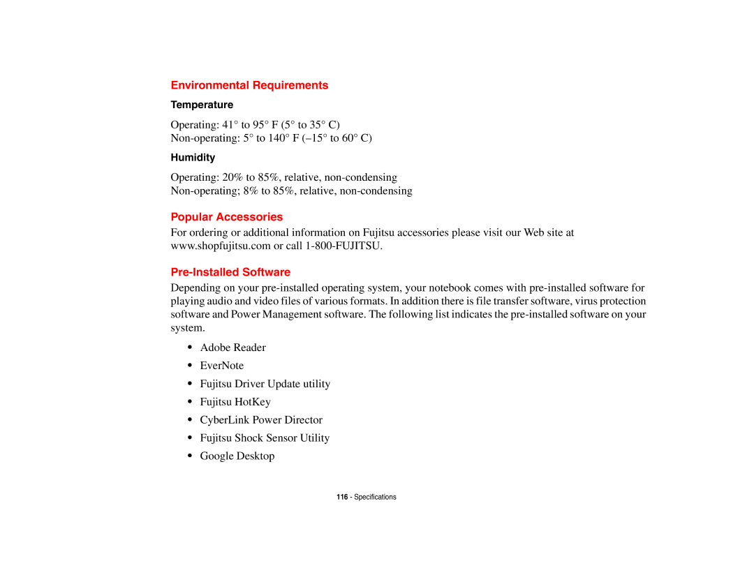 Fujitsu A3210 manual Environmental Requirements, Popular Accessories Pre-Installed Software, Temperature, Humidity 