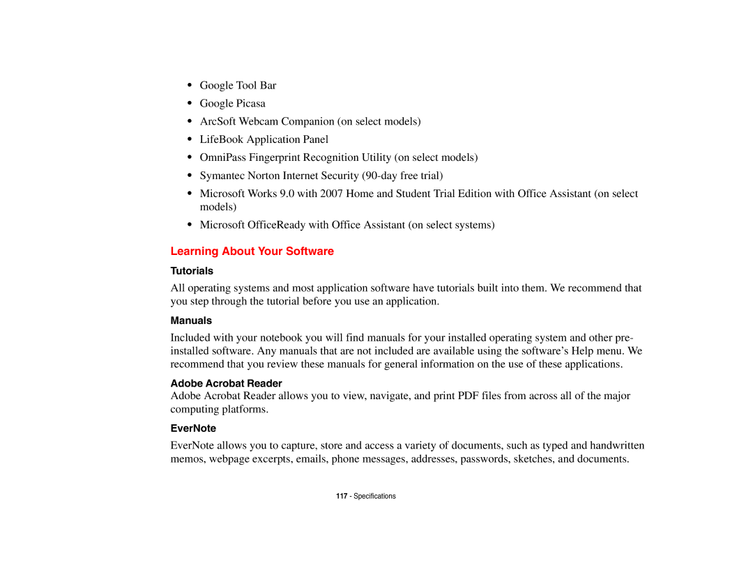 Fujitsu A3210 manual Learning About Your Software, Tutorials, Manuals, Adobe Acrobat Reader EverNote 