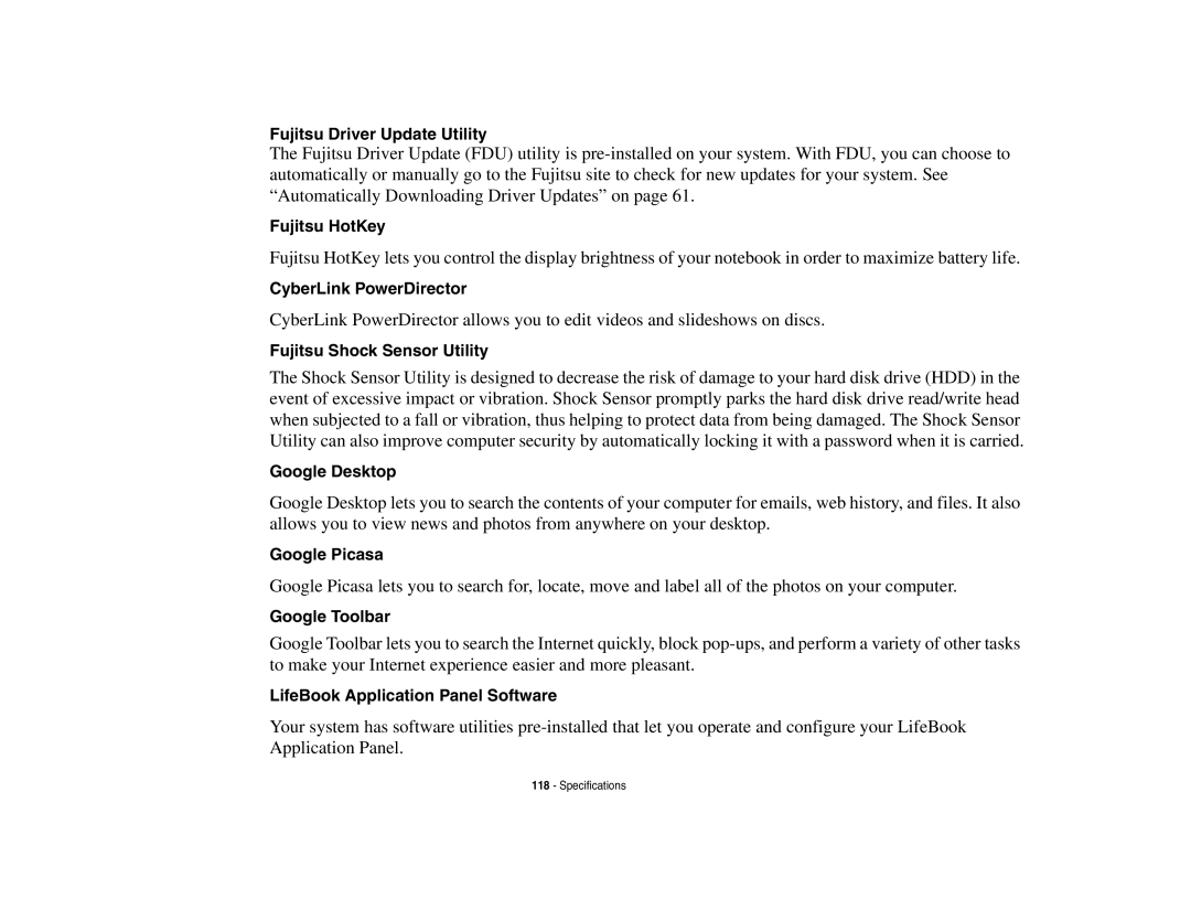 Fujitsu A3210 manual Fujitsu Driver Update Utility, Fujitsu HotKey, CyberLink PowerDirector, Fujitsu Shock Sensor Utility 