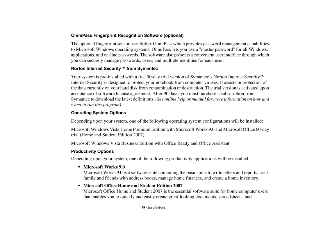 Fujitsu A3210 manual OmniPass Fingerprint Recognition Software optional, Norton Internet Security from Symantec 