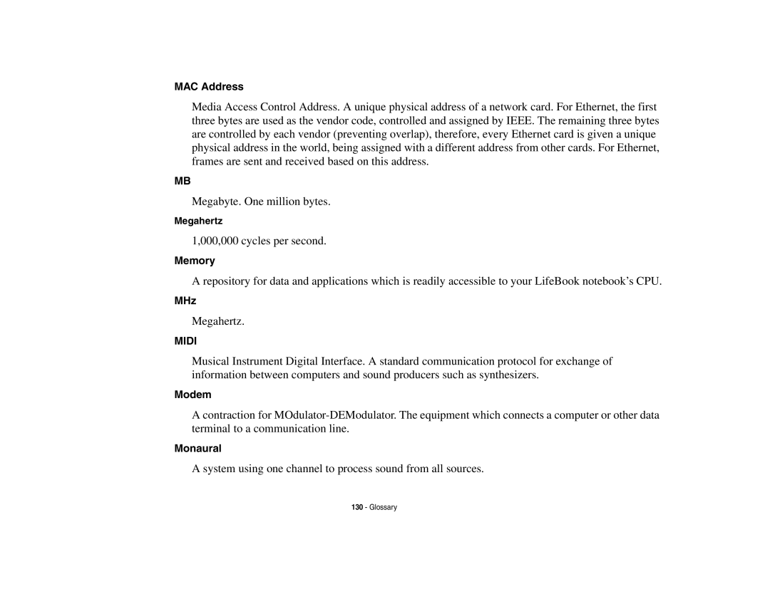 Fujitsu A3210 manual MAC Address, Memory, MHz, Modem, Monaural 