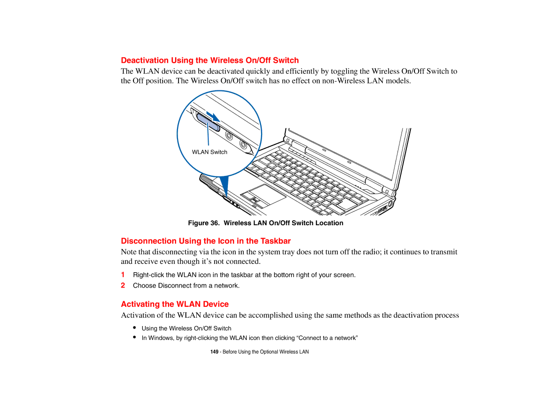 Fujitsu A3210 manual Deactivation Using the Wireless On/Off Switch, Disconnection Using the Icon in the Taskbar 