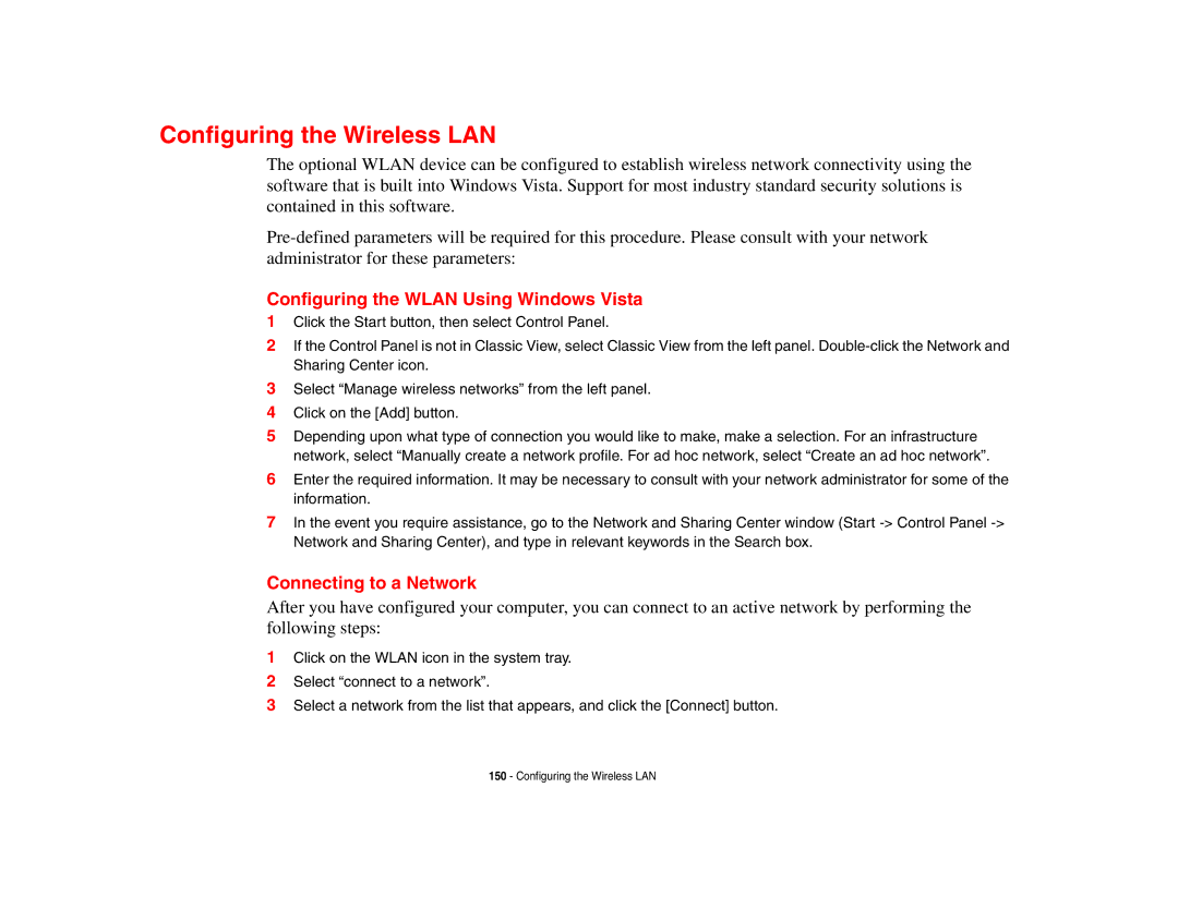 Fujitsu A3210 manual Configuring the Wireless LAN, Configuring the Wlan Using Windows Vista, Connecting to a Network 