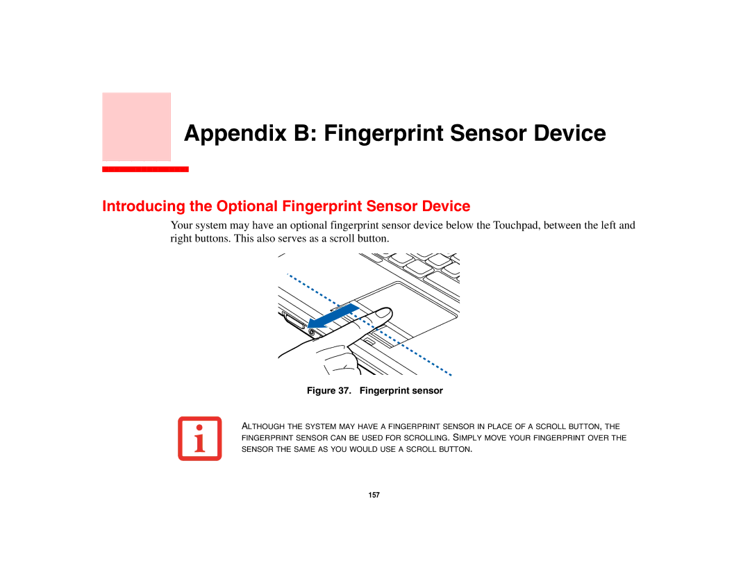 Fujitsu A3210 manual Appendix B Fingerprint Sensor Device, Introducing the Optional Fingerprint Sensor Device 