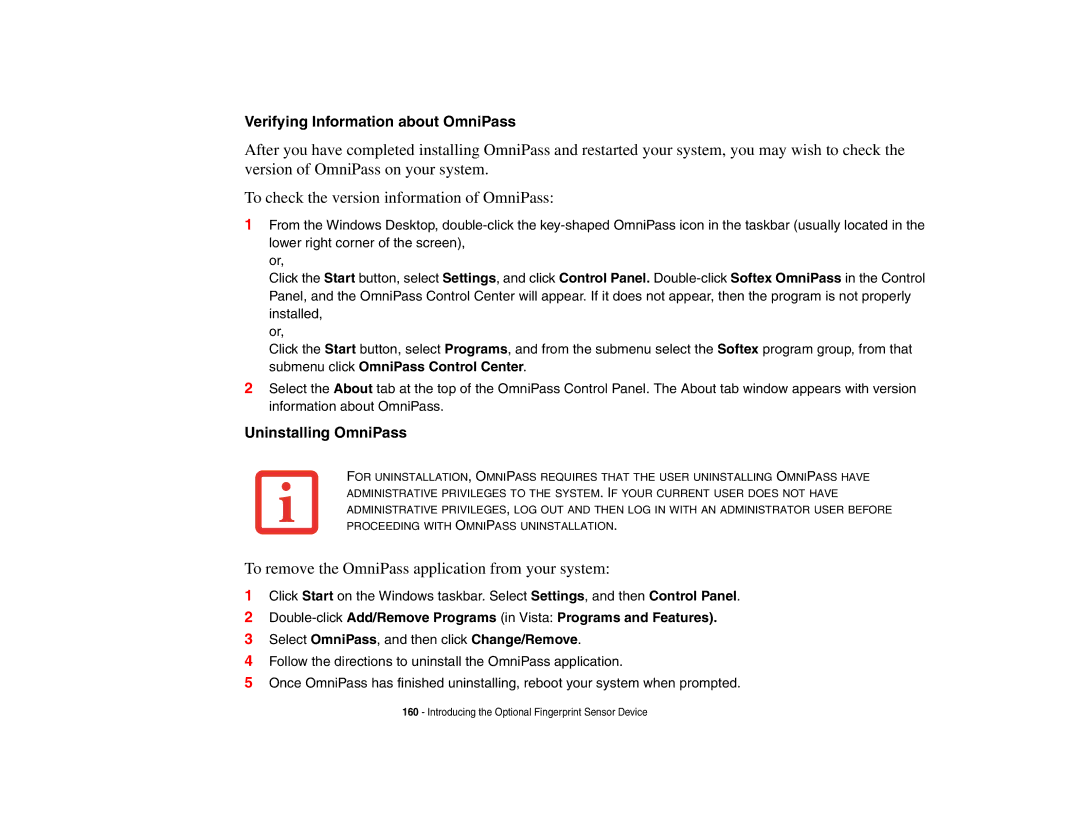 Fujitsu A3210 manual Verifying Information about OmniPass, Uninstalling OmniPass 