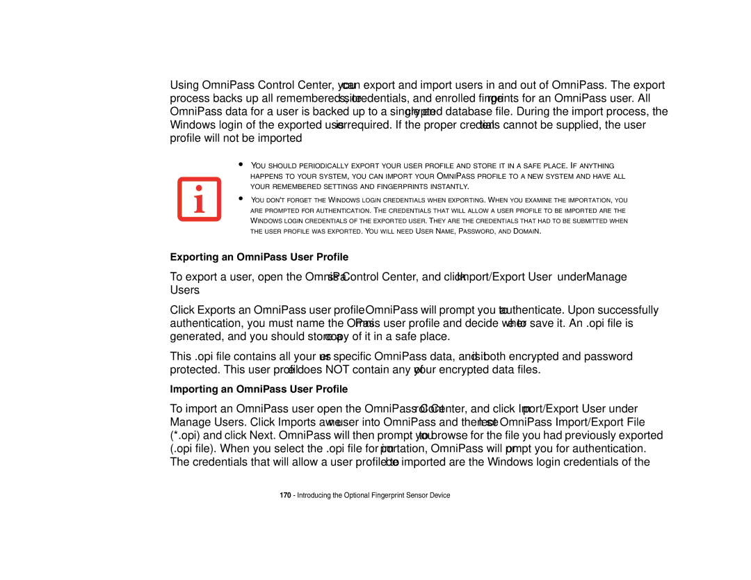 Fujitsu A3210 manual Exporting an OmniPass User Profile, Importing an OmniPass User Profile 