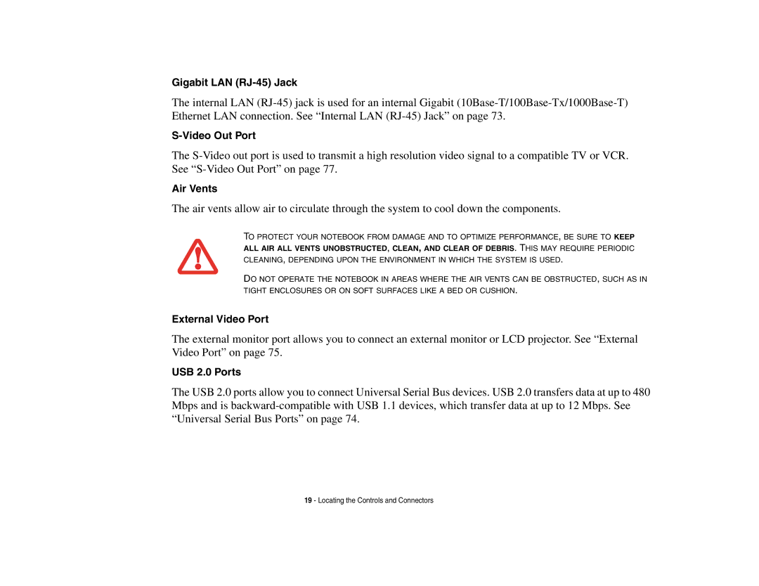 Fujitsu A3210 manual Gigabit LAN RJ-45 Jack, Video Out Port, Air Vents, External Video Port 