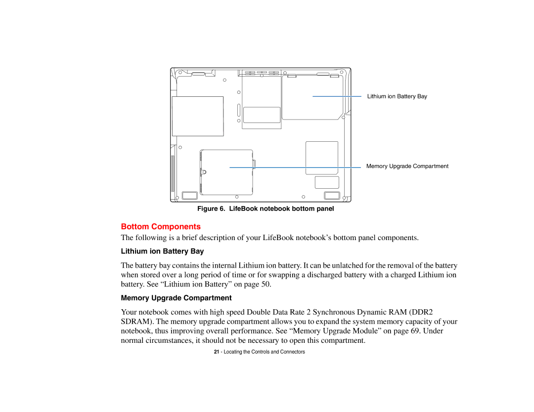Fujitsu A3210 manual Bottom Components, Lithium ion Battery Bay, Memory Upgrade Compartment 