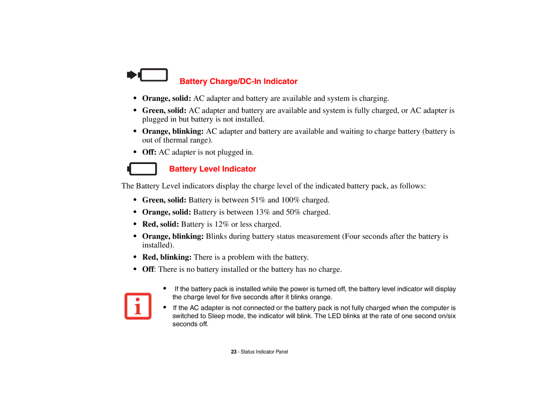 Fujitsu A3210 manual Battery Charge/DC-In Indicator, Battery Level Indicator 