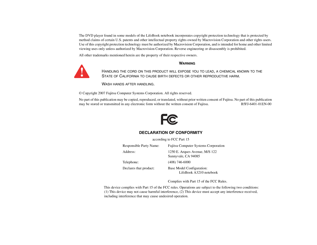 Fujitsu A3210 manual Declaration of Conformity 