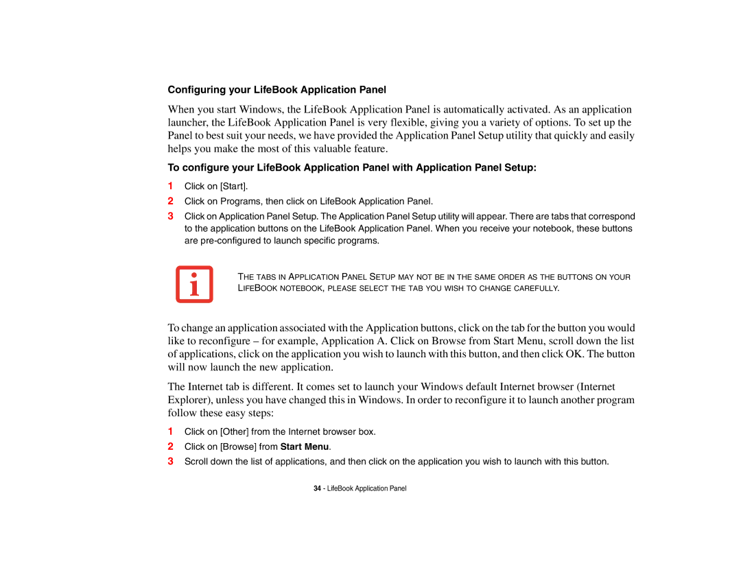 Fujitsu A3210 manual Configuring your LifeBook Application Panel 