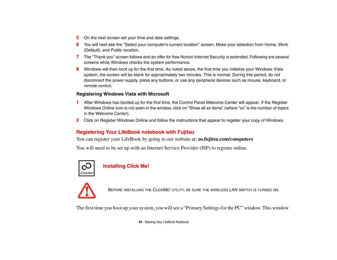 Fujitsu A3210 manual Registering Your LifeBook notebook with Fujitsu, Installing Click Me 