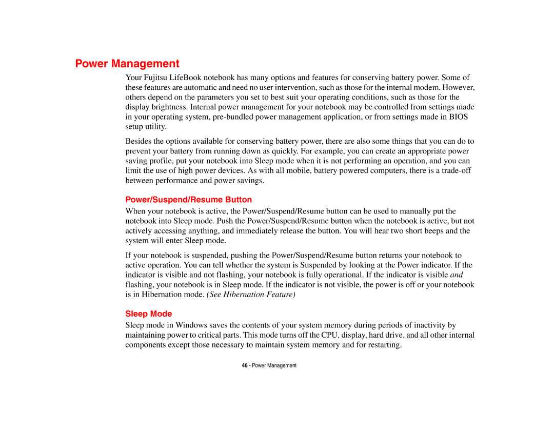 Fujitsu A3210 manual Power Management, Power/Suspend/Resume Button, Sleep Mode 