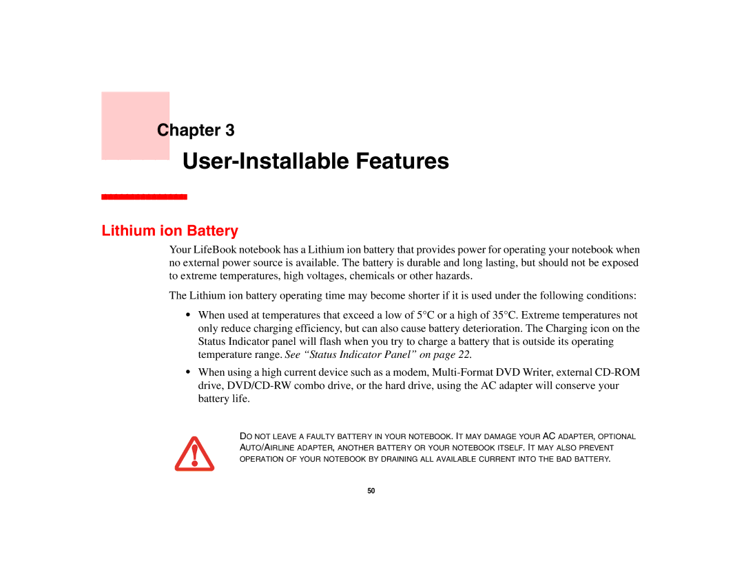 Fujitsu A3210 manual User-Installable Features, Lithium ion Battery 